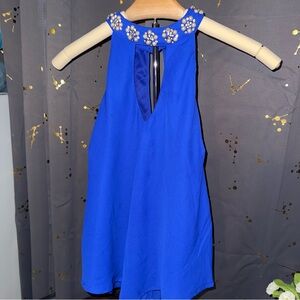 Blue Halter Sleeveless Top Blouse with Rhinestones